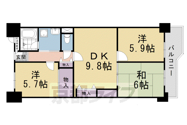 東海道本線 西大路駅 徒歩24分 11階建 築41年(3LDK/9階)の間取り写真