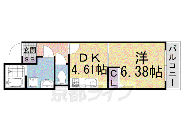東海道本線 山科駅 徒歩9分 4階建 築3年(1DK/2階)の間取り写真