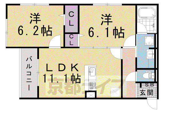 東海道本線 西大路駅 徒歩23分 3階建 築4年(2LDK/3階)の間取り写真
