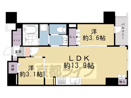 京都市烏丸線 五条駅(京都市営) 徒歩7分 11階建 築3年(2LDK/2階)の間取り写真