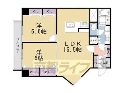 京都市烏丸線 烏丸御池駅 徒歩9分 6階建 築42年(2LDK/6階)の間取り写真