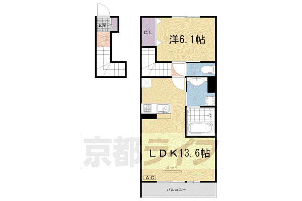 近鉄京都線 富野荘駅 徒歩9分 2階建 築3年(1LDK/2階)の間取り写真
