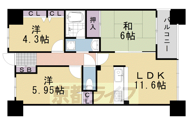 東海道本線 桂川駅(京都) 徒歩1分 7階建 築32年(3LDK/7階)の間取り写真