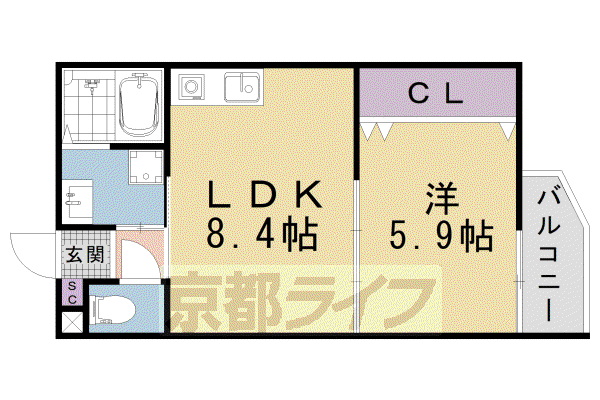 近鉄京都線 竹田駅(京都) 徒歩7分 3階建 築3年(1LDK/3階)の間取り写真