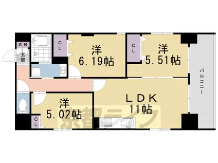 京都市烏丸線 烏丸御池駅 徒歩5分 5階建 築2年(3LDK/2階)の間取り写真