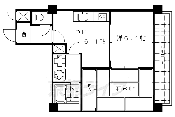 京都市烏丸線 丸太町駅(京都市営) 徒歩3分 6階建 築36年(2DK/4階)の間取り写真
