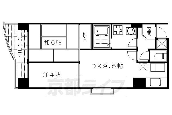 京都市烏丸線 烏丸御池駅 徒歩8分 9階建 築38年(2LDK/4階)の間取り写真
