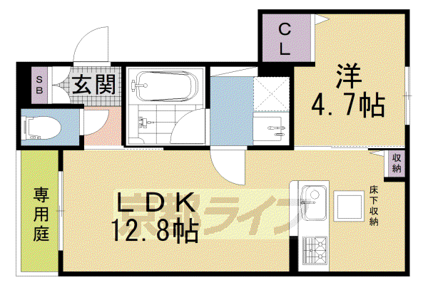 山陰本線 円町駅 徒歩4分 3階建 築2年(1LDK/1階)の間取り写真
