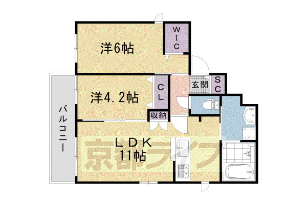 京都市東西線 西大路御池駅 徒歩5分 3階建 築3年(2LDK/3階)の間取り写真