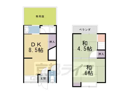 山陰本線 二条駅 徒歩7分 2階建 築76年(2DK)の間取り写真