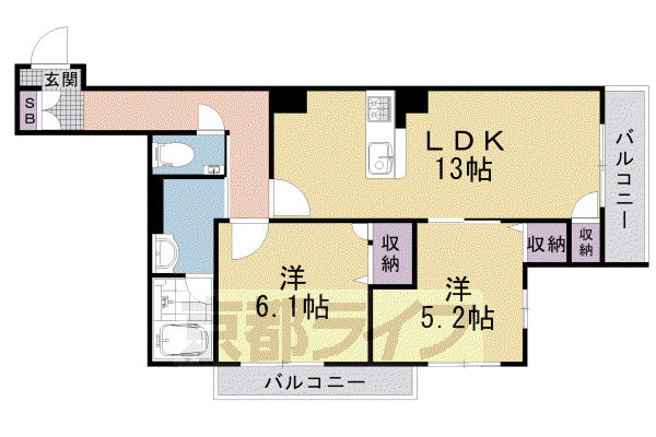 京都市東西線 二条駅 徒歩10分 3階建 築2年(2LDK/2階)の間取り写真