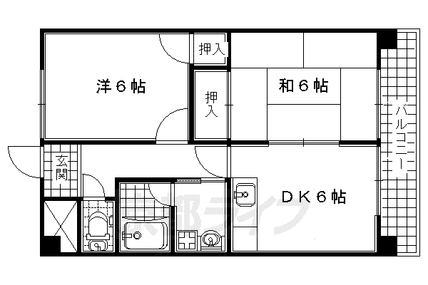 近鉄京都線 富野荘駅 徒歩2分 7階建 築34年(2DK/6階)の間取り写真