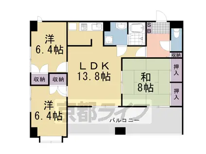 阪急電鉄嵐山線 上桂駅 徒歩15分 5階建 築35年(3LDK/3階)の間取り写真