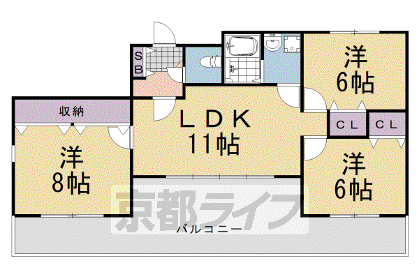 阪急電鉄嵐山線 上桂駅 徒歩15分 5階建 築35年(3LDK/3階)の間取り写真