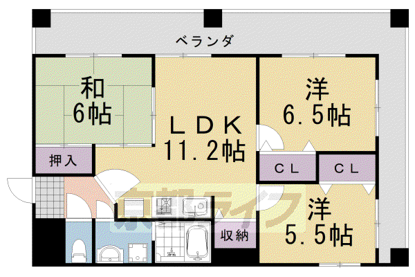 阪急電鉄嵐山線 上桂駅 徒歩15分 5階建 築35年(3LDK/3階)の間取り写真