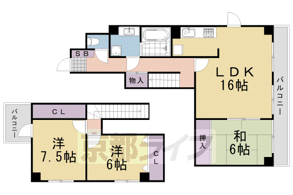 阪急電鉄嵐山線 上桂駅 徒歩15分 5階建 築35年(3LDK/4階)の間取り写真
