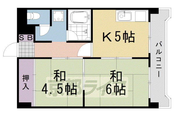 阪急電鉄嵐山線 上桂駅 徒歩5分 6階建 築43年(2DK/6階)の間取り写真