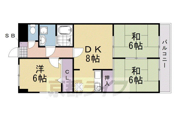 東海道本線 桂川駅(京都) 徒歩15分 6階建 築36年(3LDK/4階)の間取り写真