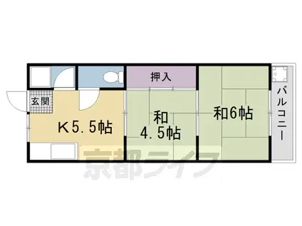 山陰本線 円町駅 徒歩6分 2階建 築46年(2DK/2階)の間取り写真