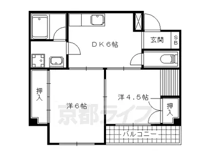 京都市東西線 山科駅 徒歩5分 5階建 築46年(2DK/2階)の間取り写真