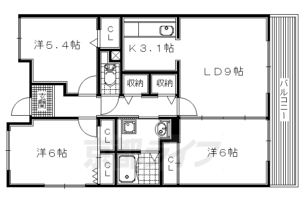 京阪電気鉄道京阪線 樟葉駅 徒歩22分 3階建 築26年(3LDK/3階)の間取り写真