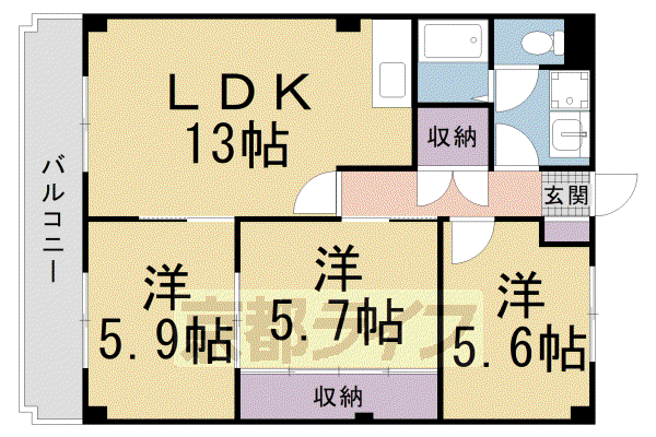 京阪電気鉄道交野線 星ケ丘駅(大阪) 徒歩17分 3階建 築34年(3LDK/1階)の間取り写真