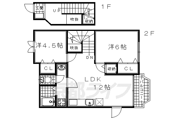 近鉄京都線 新祝園駅 徒歩5分 2階建 築23年(2LDK/2階)の間取り写真