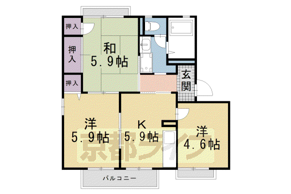 近鉄京都線 高の原駅 徒歩20分 2階建 築32年(3K/2階)の間取り写真