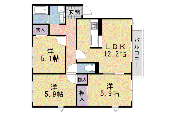 近鉄京都線 木津川台駅 徒歩50分 2階建 築33年(3LDK/1階)の間取り写真