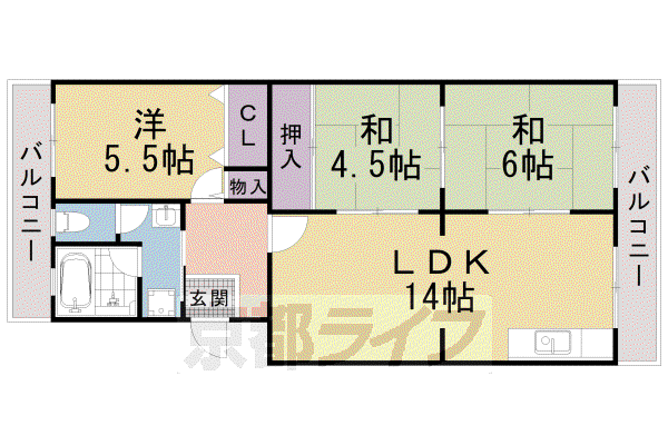 京都市東西線 小野駅(京都) 徒歩3分 5階建 築33年(3LDK/5階)の間取り写真