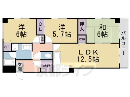 近鉄京都線 新田辺駅 徒歩3分 5階建 築29年(3LDK/2階)の間取り写真