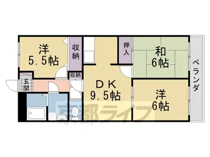 近鉄京都線 新田辺駅 徒歩13分 4階建 築29年(3LDK/2階)の間取り写真