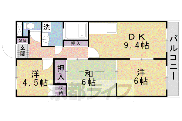 片町線 京田辺駅 徒歩15分 4階建 築28年(3DK/2階)の間取り写真