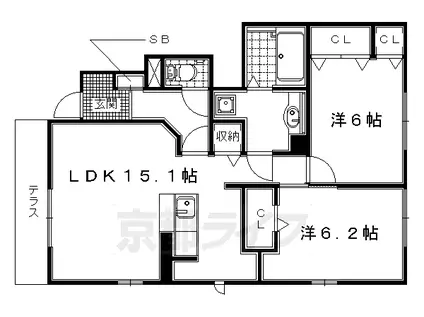 近鉄京都線 新田辺駅 徒歩9分 2階建 築11年(2LDK/1階)の間取り写真