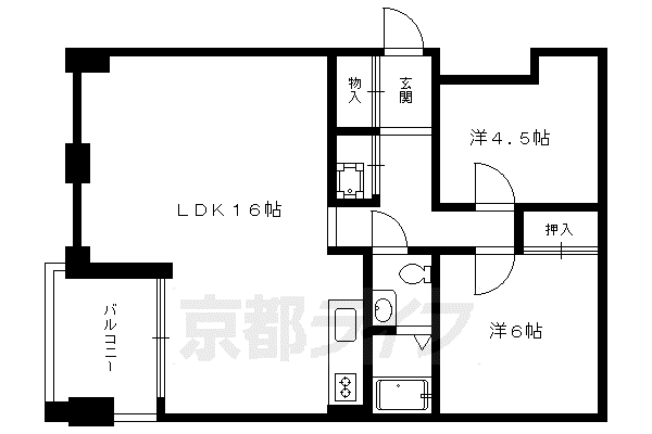 京福北野線 北野白梅町駅 徒歩7分 4階建 築40年(2LDK/2階)の間取り写真