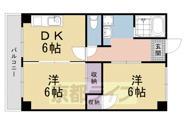京都市東西線 太秦天神川駅 徒歩8分 9階建 築57年(2DK/6階)の間取り写真