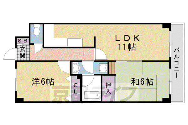 山陰本線 花園駅(京都) 徒歩7分 7階建 築35年(2LDK/4階)の間取り写真