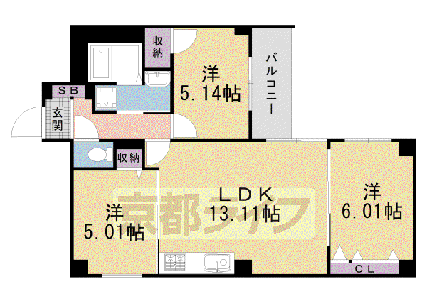 京都市東西線 二条城前駅 徒歩3分 5階建 築3年(3LDK/5階)の間取り写真