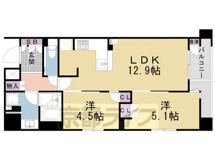 京都市東西線 烏丸御池駅 徒歩6分 5階建 築3年(2LDK/3階)の間取り写真