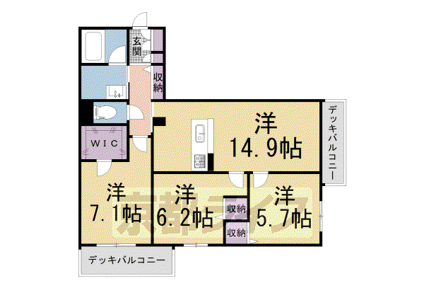 近鉄京都線 興戸駅 徒歩6分 3階建 築1年(3LDK/3階)の間取り写真