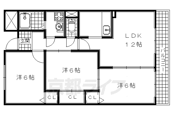 片町線 松井山手駅 徒歩31分 3階建 築27年(3LDK/2階)の間取り写真