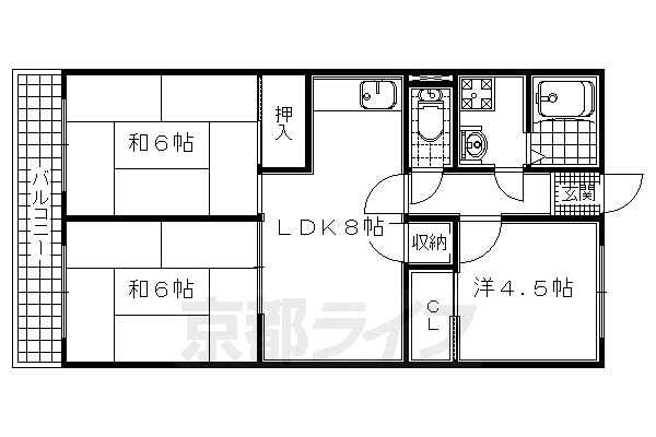 片町線 松井山手駅 徒歩44分 2階建 築42年(3LDK/2階)の間取り写真