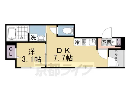 山陰本線 円町駅 徒歩7分 3階建 築1年(1DK/3階)の間取り写真