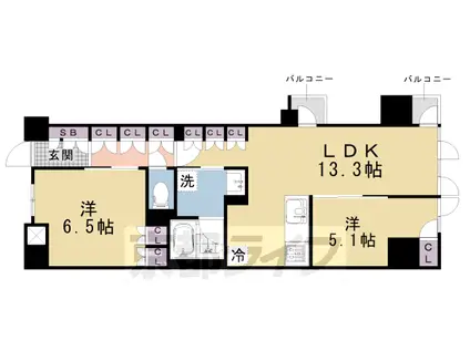 阪急電鉄京都線 京都河原町駅 徒歩6分 11階建 築1年(2LDK/6階)の間取り写真