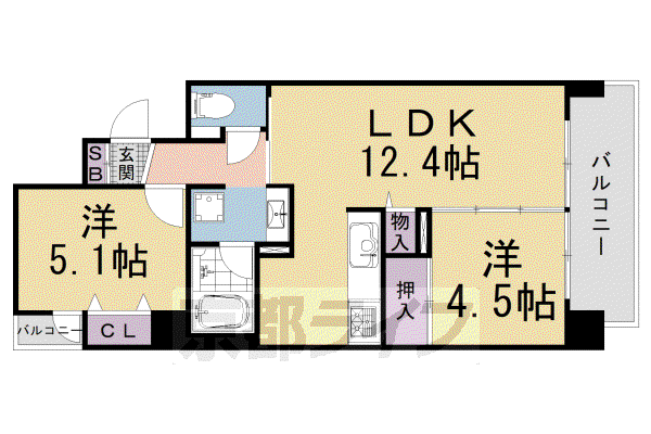 京都市烏丸線 烏丸御池駅 徒歩8分 5階建 築15年(2LDK/4階)の間取り写真