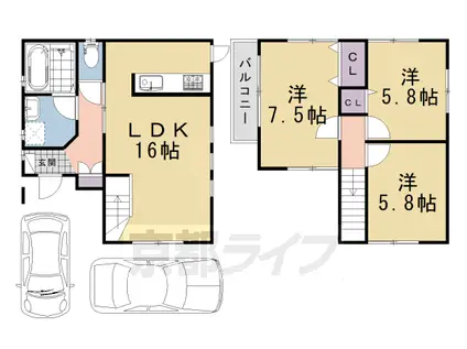京都市烏丸線 北大路駅 徒歩51分 2階建 築12年(3LDK)の間取り写真