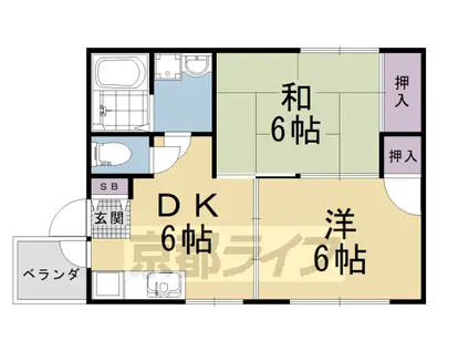 山陰本線 太秦駅(JR) 徒歩7分 3階建 築33年(2DK/2階)の間取り写真