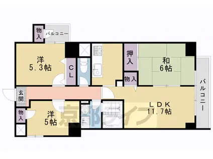東海道本線 西大路駅 徒歩4分 10階建 築27年(3LDK/3階)の間取り写真