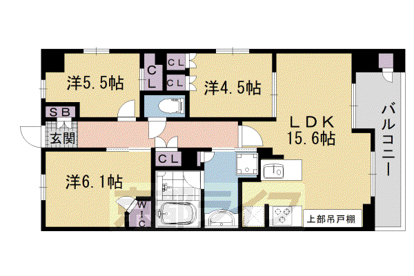 山陰本線 丹波口駅 徒歩2分 9階建 築1年(3LDK/7階)の間取り写真