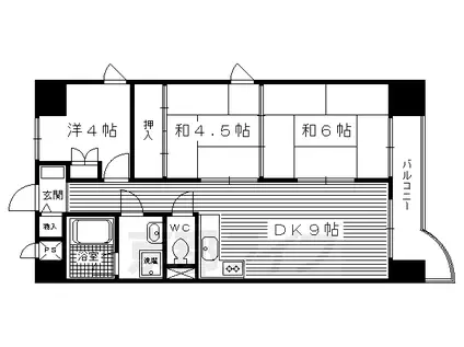 京都市東西線 西大路御池駅 徒歩9分 8階建 築41年(3LDK/4階)の間取り写真